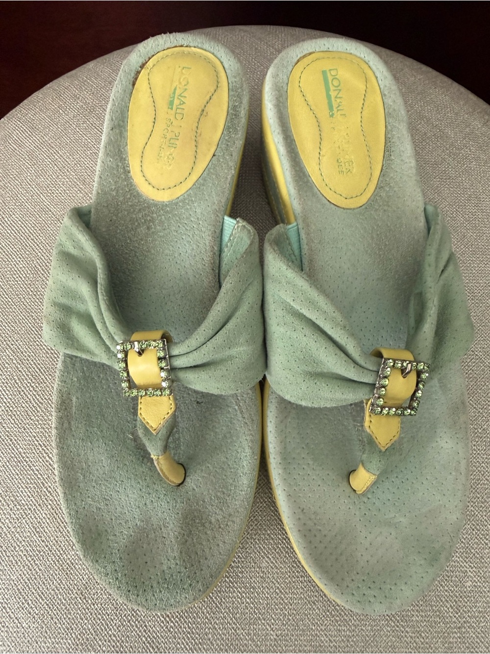 Donald J. Pliner Misty Green & Yellow Thong Wedge Sandals with Decorative Buckle - Picture 2 of 14